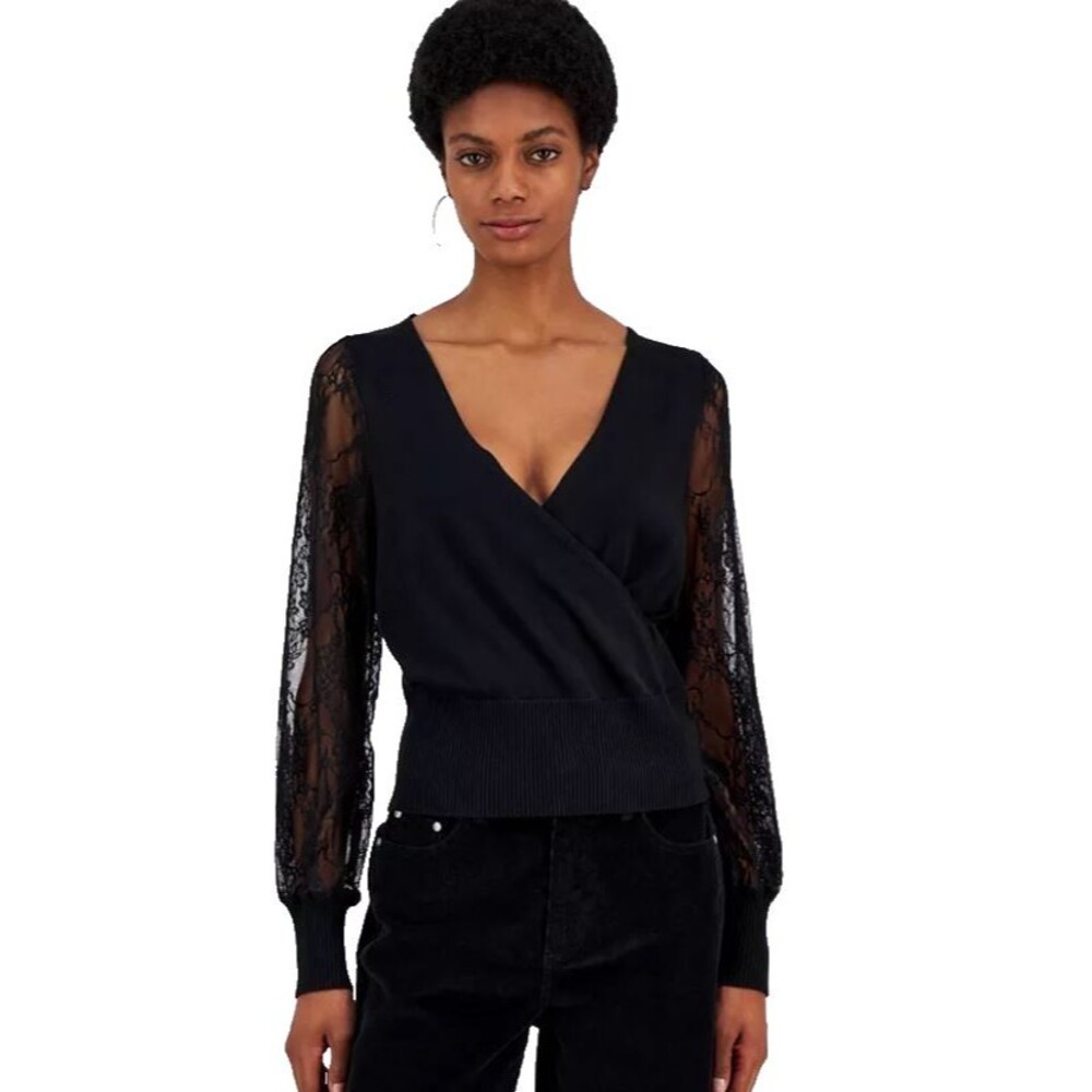 Madden Girl Juniors' V-Neck Wrap Lace-Sleeve Sweater Black Large NWT